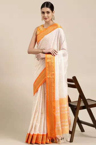 White & orange checked zari silk cotton saree