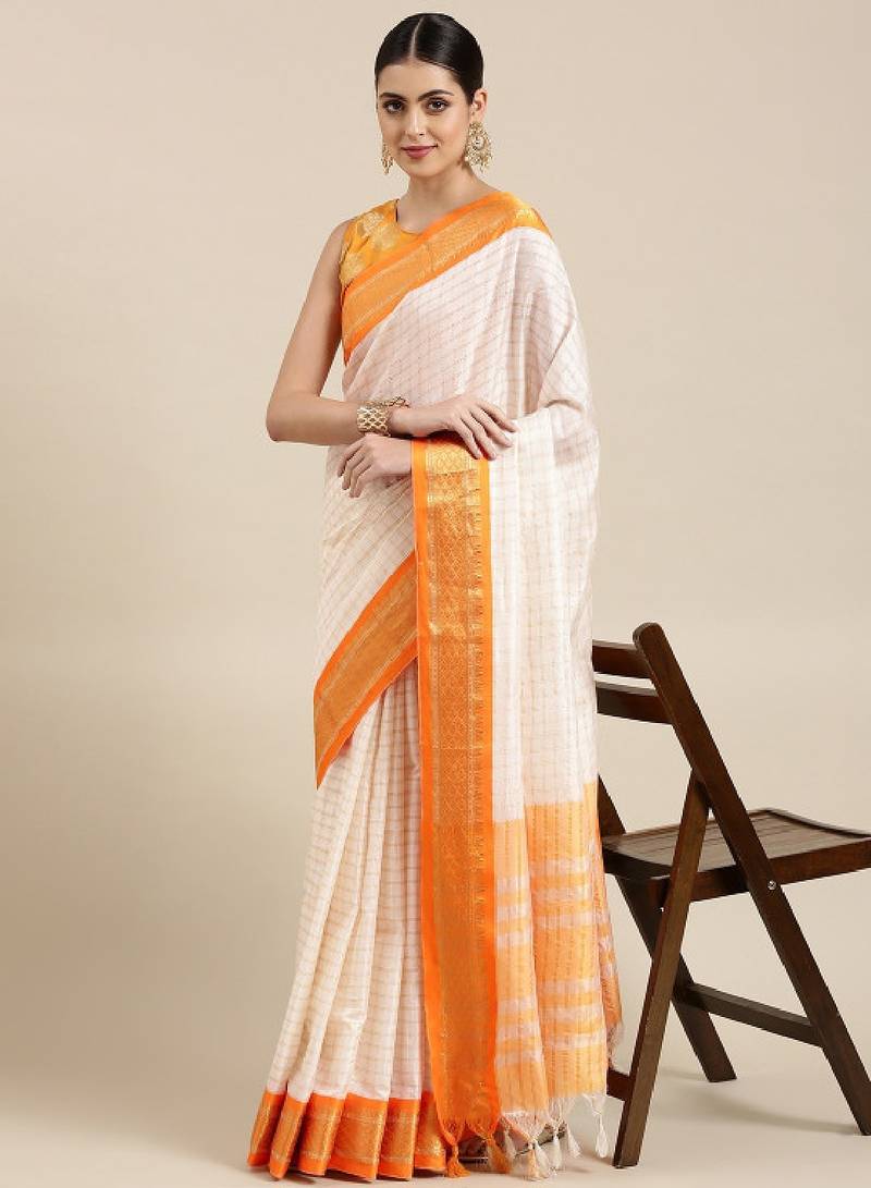 White & orange checked zari silk cotton saree