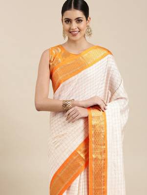 White & orange checked zari silk cotton saree 2
