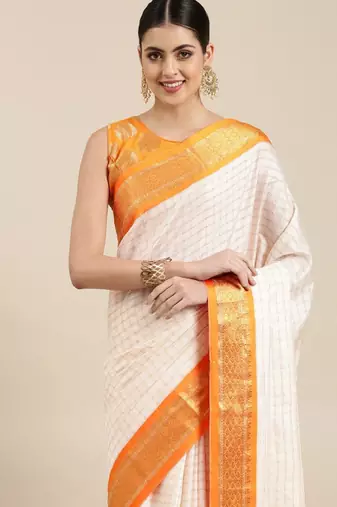 White & orange checked zari silk cotton saree