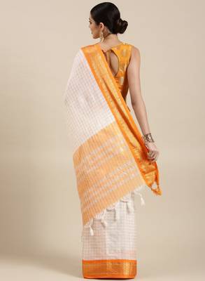 White & orange checked zari silk cotton saree 3