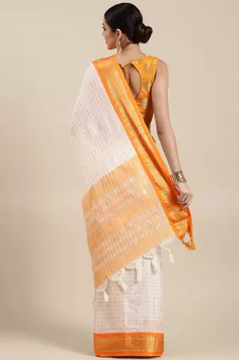 White & orange checked zari silk cotton saree