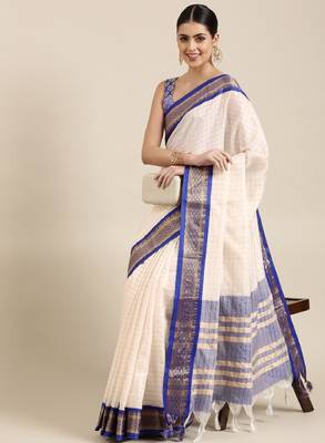 White & blue checked zari silk cotton saree 1