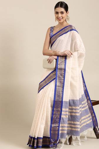 white blue silk cotton saree with zari checks
