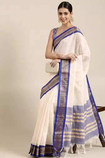White & blue checked zari silk cotton saree