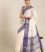 White & blue checked zari silk cotton saree