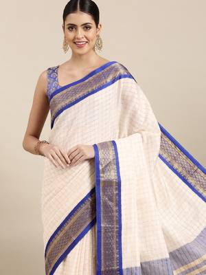 White & blue checked zari silk cotton saree 2