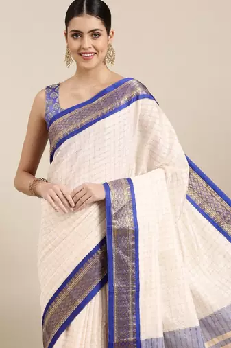 White & blue checked zari silk cotton saree