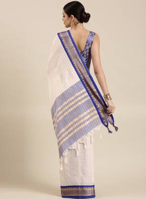 White & blue checked zari silk cotton saree 3