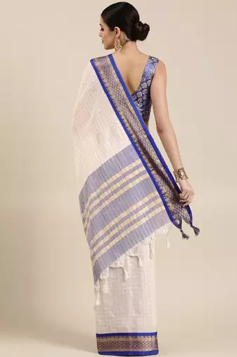 White & blue checked zari silk cotton saree