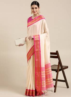 White & pink checked zari silk cotton saree 1