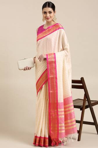 white pink silk cotton saree with checked zari design