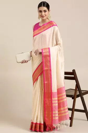 White & pink checked zari silk cotton saree