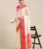 White & pink checked zari silk cotton saree