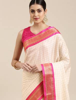 White & pink checked zari silk cotton saree 2