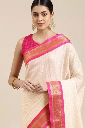White & pink checked zari silk cotton saree
