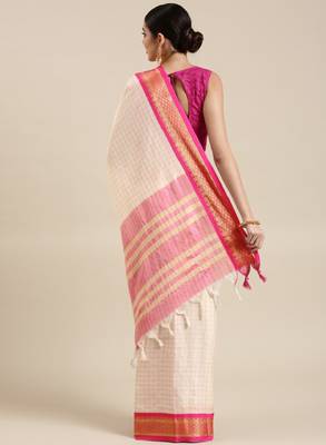 White & pink checked zari silk cotton saree 3
