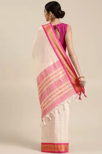 White & pink checked zari silk cotton saree