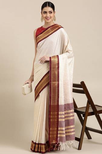 white maroon silk cotton saree with zari checked work