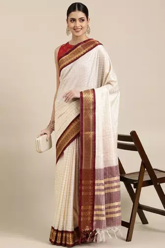 White & maroon checked zari silk cotton saree