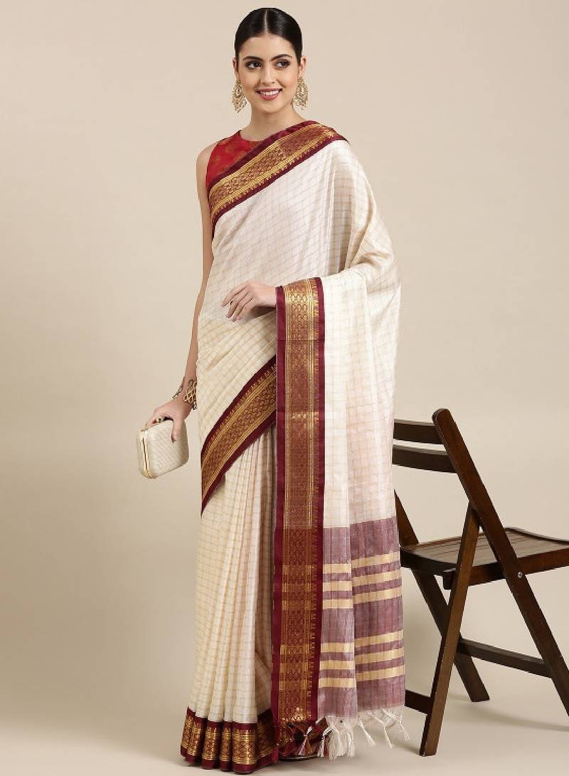 White & maroon checked zari silk cotton saree