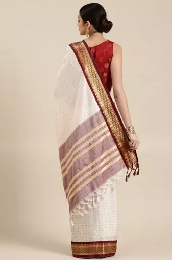White & maroon checked zari silk cotton saree