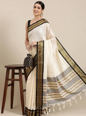 White & black checked zari silk cotton saree 1