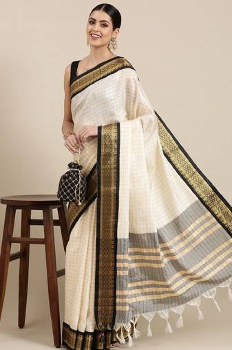 white black silk cotton saree with zari checked work