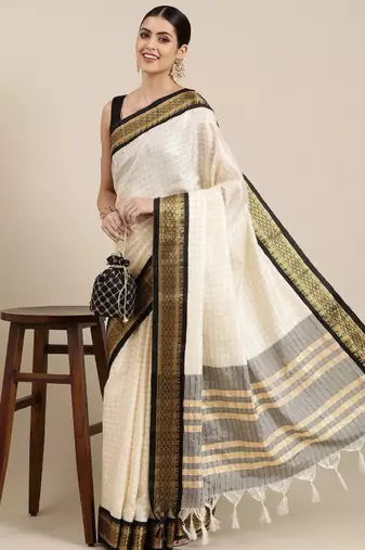 White & black checked zari silk cotton saree