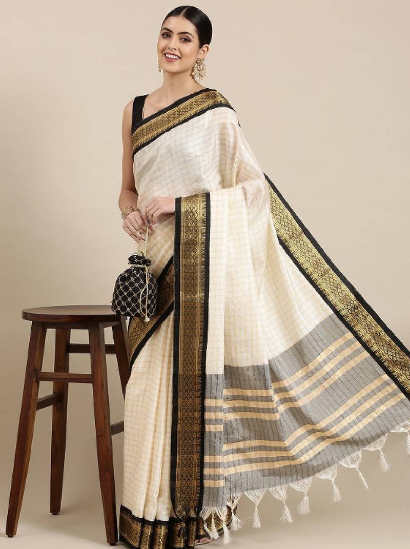 White & black checked zari silk cotton saree