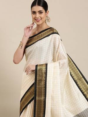 White & black checked zari silk cotton saree 2