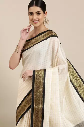 White & black checked zari silk cotton saree