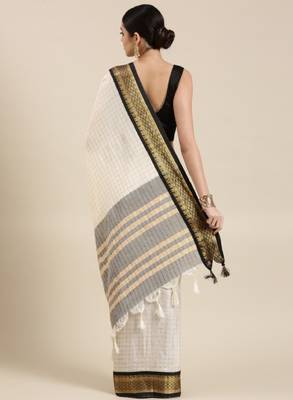 White & black checked zari silk cotton saree 3