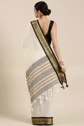 White & black checked zari silk cotton saree