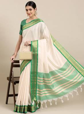 White & green checked zari silk cotton saree 1