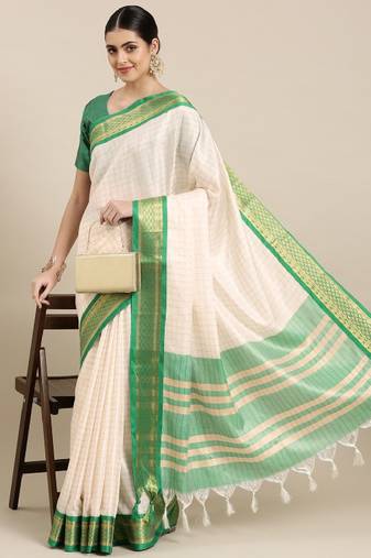 white green silk cotton saree with traditional zari checks