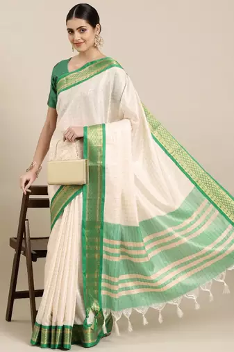 White & green checked zari silk cotton saree