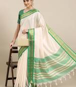 White & green checked zari silk cotton saree