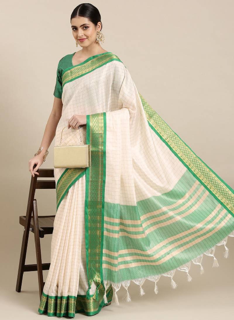 White & green checked zari silk cotton saree