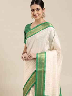 White & green checked zari silk cotton saree 2