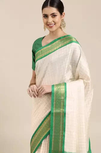 White & green checked zari silk cotton saree
