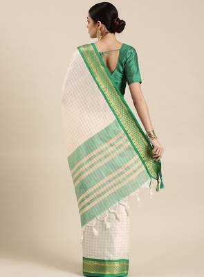 White & green checked zari silk cotton saree 3