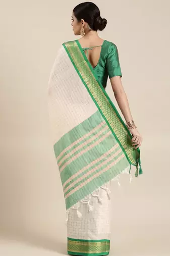 White & green checked zari silk cotton saree
