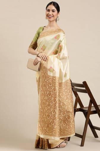 cream ethnic motifs silk blend kasavu sarees
