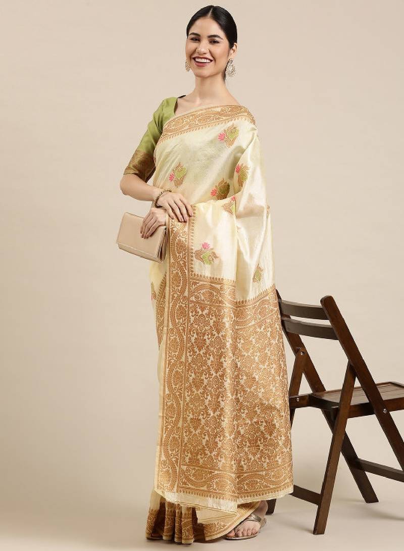 cream ethnic motifs silk blend kasavu sarees