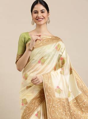 cream ethnic motifs silk blend kasavu sarees 2