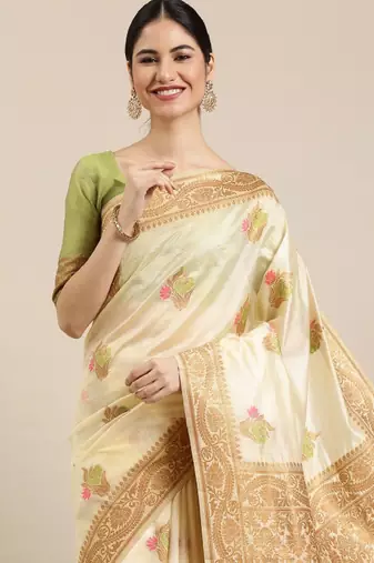 cream ethnic motifs silk blend kasavu sarees