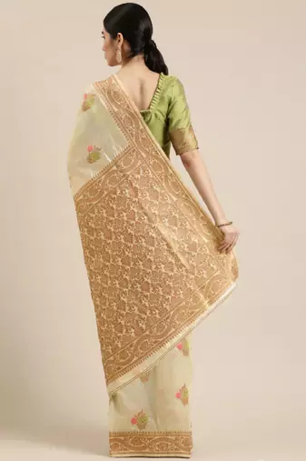 cream ethnic motifs silk blend kasavu sarees