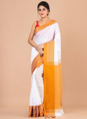 White & orange pure cotton jamdani saree 1