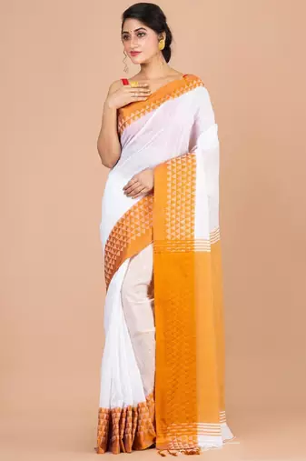 White & orange pure cotton jamdani saree